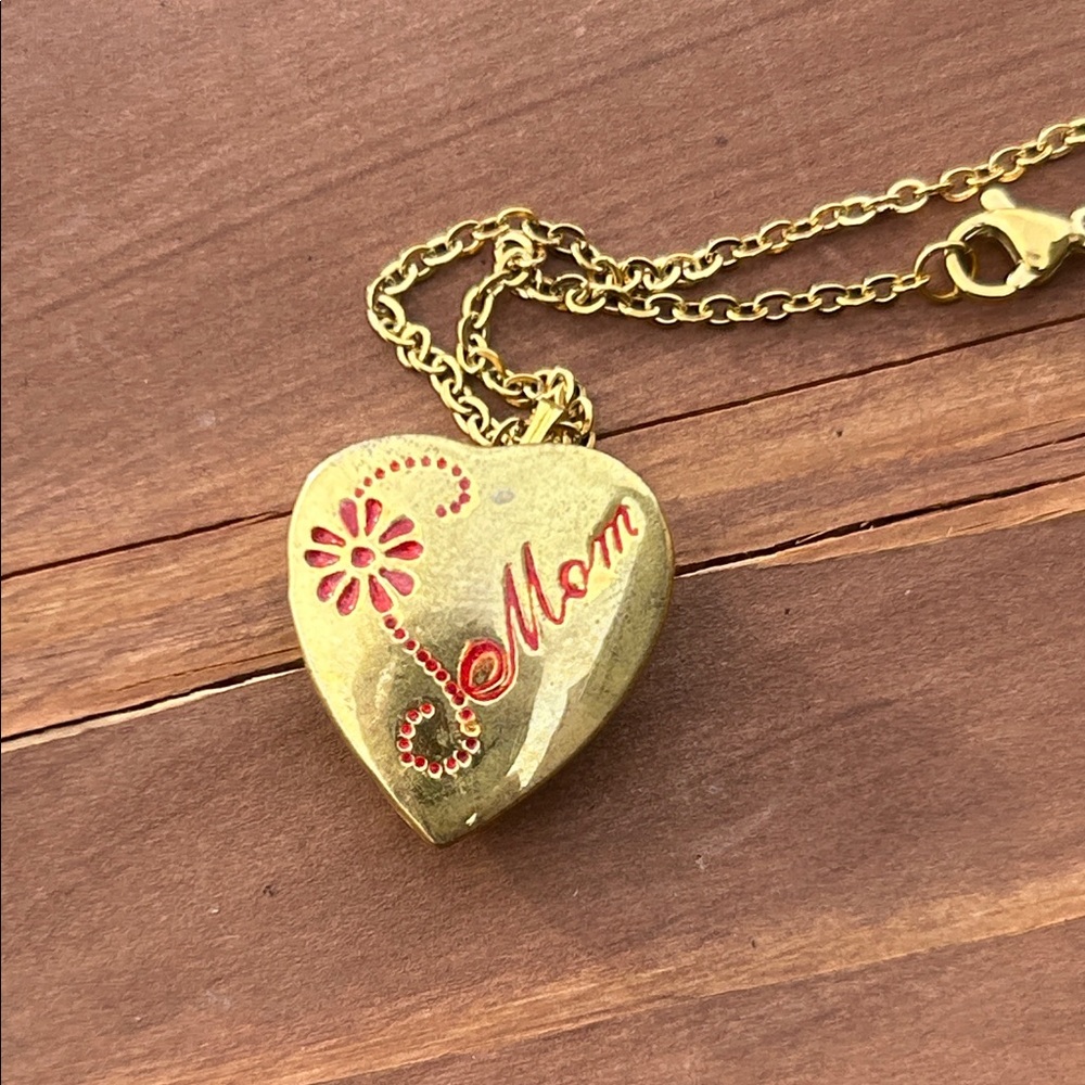 Vintage Gold Heart 'Mom' Locket Necklace with Red Accents - Picture 3 of 8